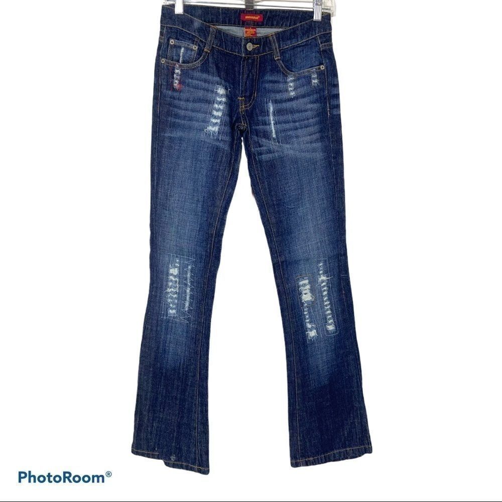 Blue asphalt embroidered distressed blue jeans 0